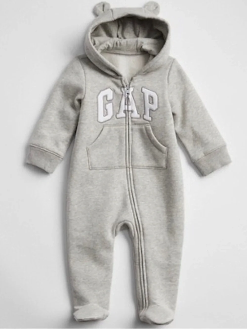 GAP Baby Gray Hooded Footed Zippered One Piece with Ears Size 0-3 Months